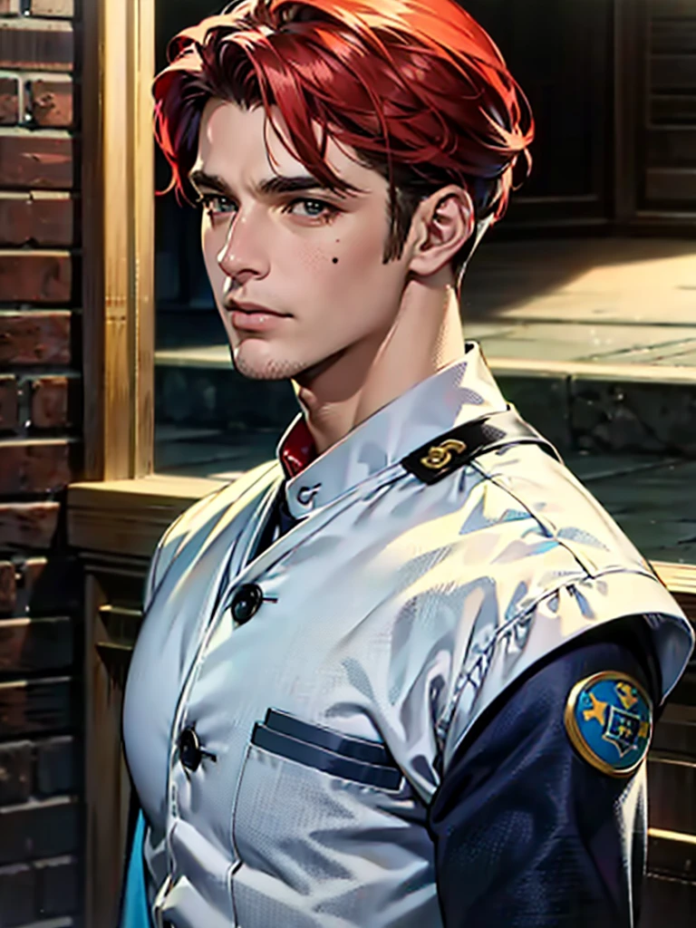 a 35 year old man ((red short hair)), grey eyes, moles all over the body, wearing an official uniform, portrayal of masculinity, teacher, medic, (best quality,4k,8k,highres,masterpiece:1.2),ultra-detailed,(realistic,photorealistic,photo-realistic:1.37),cinematic lighting,highly detailed face and body,sharp focus,vivid colors, anime style