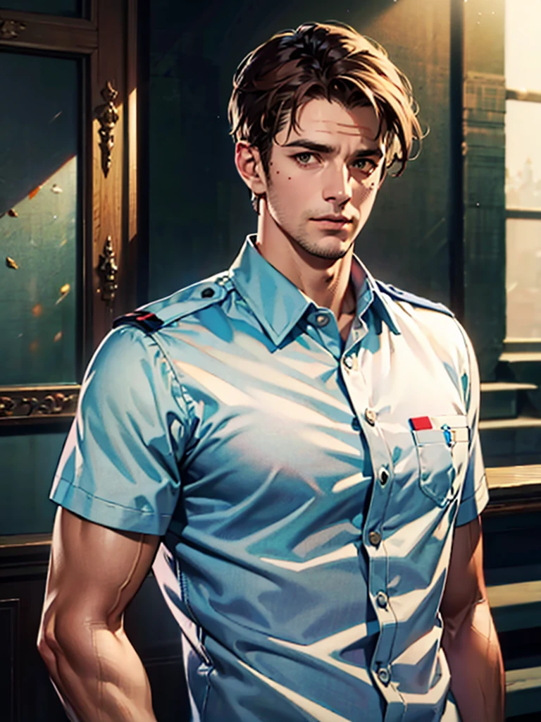 a 35 year old man ((red short hair)), grey eyes, moles all over the body, wearing an official uniform, portrayal of masculinity, teacher, medic, (best quality,4k,8k,highres,masterpiece:1.2),ultra-detailed,(realistic,photorealistic,photo-realistic:1.37),cinematic lighting,highly detailed face and body,sharp focus,vivid colors, anime style