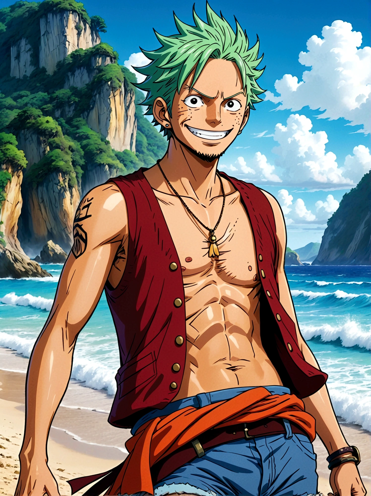 Japanese anime One Piece, Create an expansive illustration reminiscent of a popular action-adventure anime series. It should feature a diverse group of daring explorers. Each character is unique in their own way. One is a lanky man with spiky black hair, wearing a red vest, blue shorts, and a straw hat. His cheerful attitude and love for adventure is evident in his wide grin. Another character is a man with slicked-back, shoulder-length light moss green hair, wearing fine burgundy attire, his gravity and maturity reflecting through his demeanor. The third character is a young woman with beauty and grace, she has orange hair and is seen sporting a simple vest and a mini skirt. A captivating blue sea spans the entire background, adding to the whole dangerous yet exciting vibe of the setting.