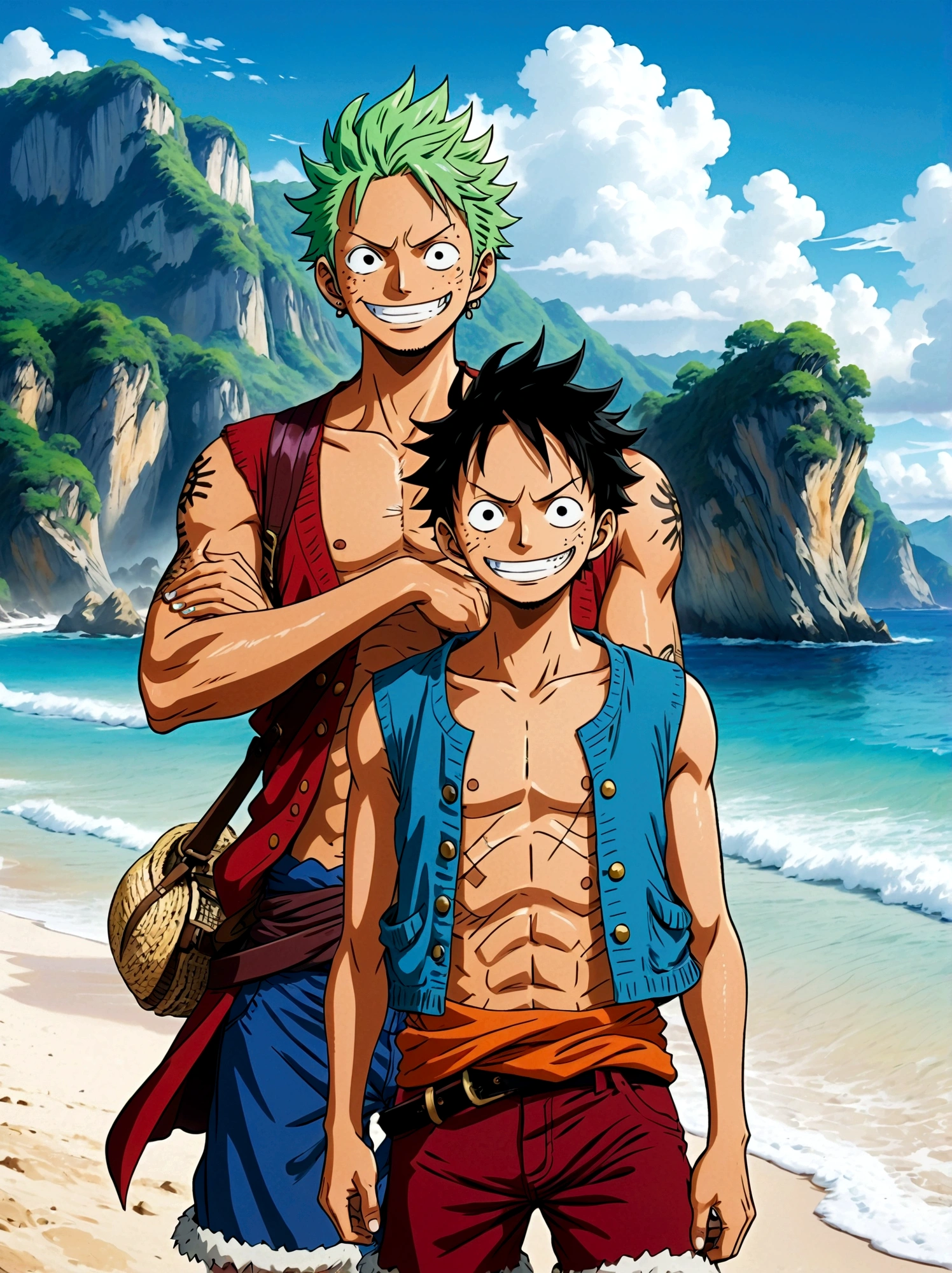 Japanese anime One Piece, Create an expansive illustration reminiscent of a popular action-adventure anime series. It should feature a diverse group of daring explorers. Each character is unique in their own way. One is a lanky man with spiky black hair, wearing a red vest, blue shorts, and a straw hat. His cheerful attitude and love for adventure is evident in his wide grin. Another character is a man with slicked-back, shoulder-length light moss green hair, wearing fine burgundy attire, his gravity and maturity reflecting through his demeanor. The third character is a young woman with beauty and grace, she has orange hair and is seen sporting a simple vest and a mini skirt. A captivating blue sea spans the entire background, adding to the whole dangerous yet exciting vibe of the setting.