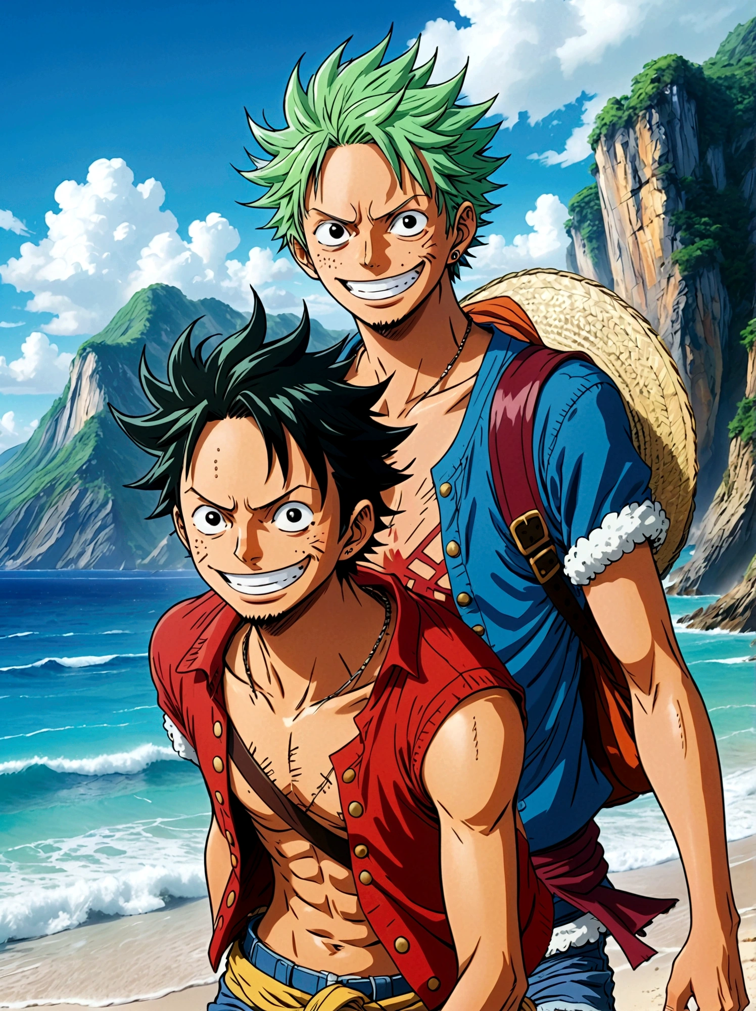 Japanese anime One Piece, Create an expansive illustration reminiscent of a popular action-adventure anime series. It should feature a diverse group of daring explorers. Each character is unique in their own way. One is a lanky man with spiky black hair, wearing a red vest, blue shorts, and a straw hat. His cheerful attitude and love for adventure is evident in his wide grin. Another character is a man with slicked-back, shoulder-length light moss green hair, wearing fine burgundy attire, his gravity and maturity reflecting through his demeanor. The third character is a young woman with beauty and grace, she has orange hair and is seen sporting a simple vest and a mini skirt. A captivating blue sea spans the entire background, adding to the whole dangerous yet exciting vibe of the setting.