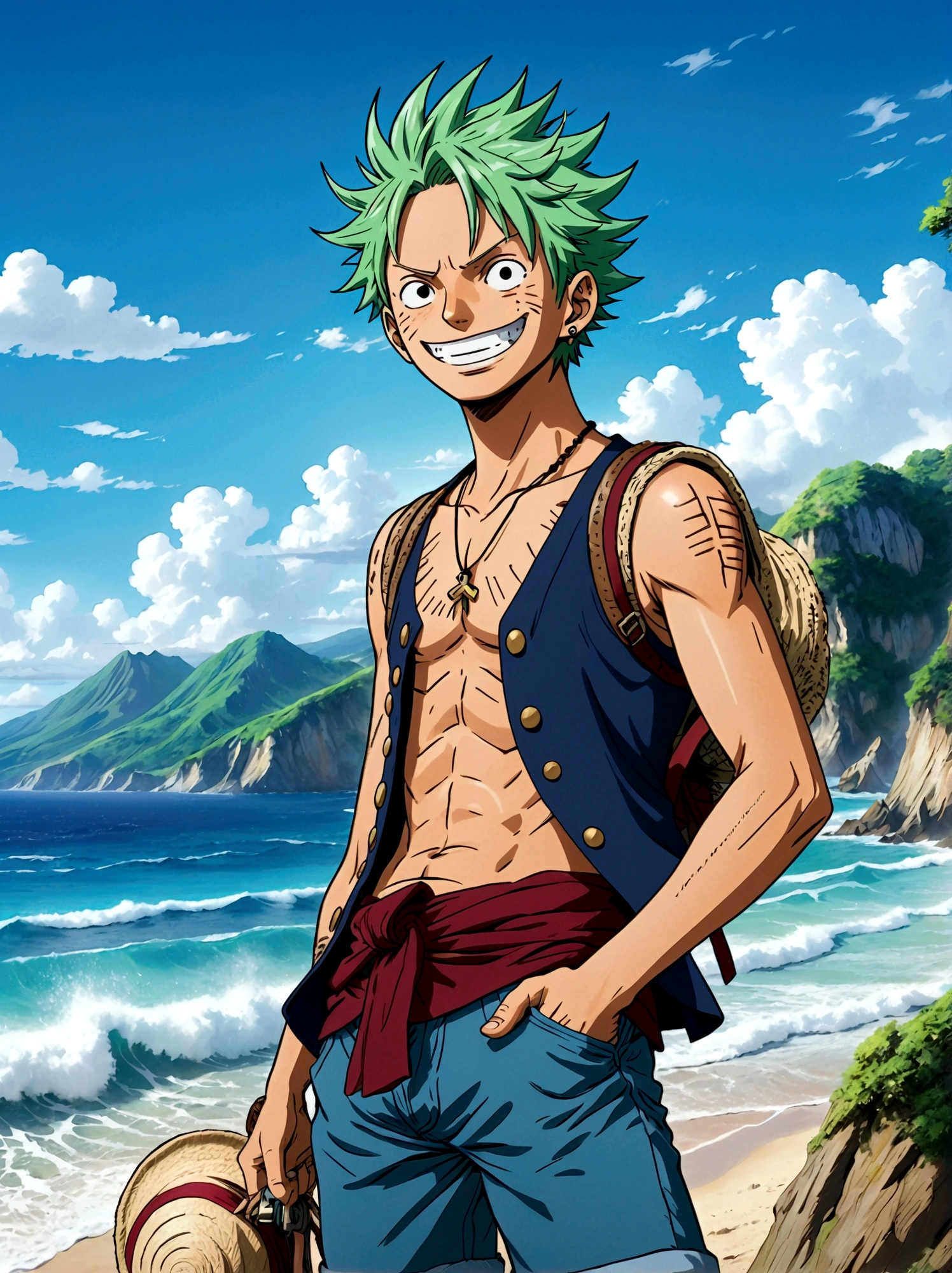 Japanese anime One Piece, Create an expansive illustration reminiscent of a popular action-adventure anime series. It should feature a diverse group of daring explorers. Each character is unique in their own way. One is a lanky man with spiky black hair, wearing a red vest, blue shorts, and a straw hat. His cheerful attitude and love for adventure is evident in his wide grin. Another character is a man with slicked-back, shoulder-length light moss green hair, wearing fine burgundy attire, his gravity and maturity reflecting through his demeanor. The third character is a young woman with beauty and grace, she has orange hair and is seen sporting a simple vest and a mini skirt. A captivating blue sea spans the entire background, adding to the whole dangerous yet exciting vibe of the setting.