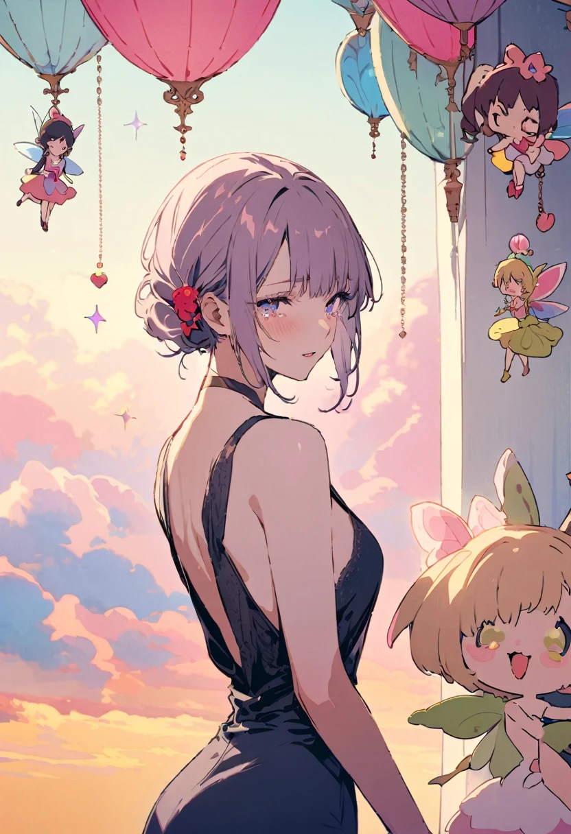 ((Back view:1.1)),masterpiece, highest quality, Illustration of the novel, High resolution, 18+ Adult content, Sensual, Intimate, Emotional, Passionate, romantic, sweet, Adorable, Innocent, Pure, Charmな, Charmな, Charm, Mysterious, Charmな, Charmな, Immersive, Charmな, dream-like, Surreal, Imaginative, Whimsical, artistic, Avant-garde, timeless, elegant, Sophisticated, chic, Sophisticated, personality, original, Charmな,(( Fairy:1.3)),((Beautiful Tears))、Upper Body、(Little)