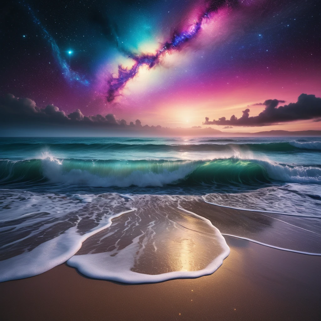 a vast cosmic eye dominating the night sky, surrounded by a network of stars, nebulae and cosmic dust. Beneath this cosmic spectacle, depicts a tranquil beach with the surface of the ocean is sparkling, lush and symmetrically reflects sparkling nebulae and luminous astral bodies point. Bioluminescent waves crashing onto a sandy beach at night lit by stars, enchanting scene with vivid colors and gentle movement, intricate details in the waves' glow and shoreline, dreamy surrealism captured with high-resolution quality, cinematic aesthetic, raw capture of the ethereal moment with a touch of fantasy, painterly tones and brush strokes in an oil painting style, shot with a Fujifilm XT3