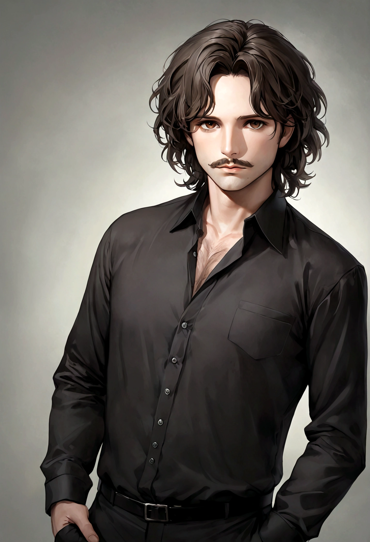 (traje de etiqueta para hombre), ), ((barba y bigote)), (light brown eyes), Aspecto atractivo y serio, cabello largo oscuro, messy hair, Elegante y con estilo, Camiseta de cuerpo fuerte , Un hombre similar al actor Jim Morrison, (Imagen realista y de alta calidad), Apartamento escandinavo en el fondo simple de un cuarto, ((La mejor calidad, 8K, obra maestra).((pose dinamica))