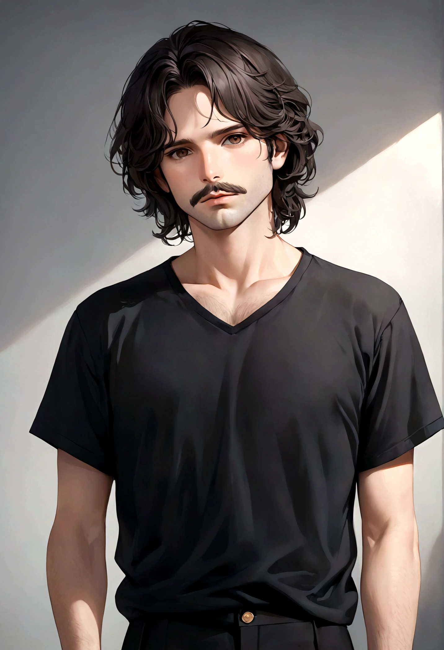 (traje de etiqueta para hombre), ), ((barba y bigote)), (light brown eyes), Aspecto atractivo y serio, cabello largo oscuro, messy hair, Elegante y con estilo, Camiseta de cuerpo fuerte , Un hombre similar al actor Jim Morrison, (Imagen realista y de alta calidad), Apartamento escandinavo en el fondo simple de un cuarto, ((La mejor calidad, 8K, obra maestra).((pose dinamica))