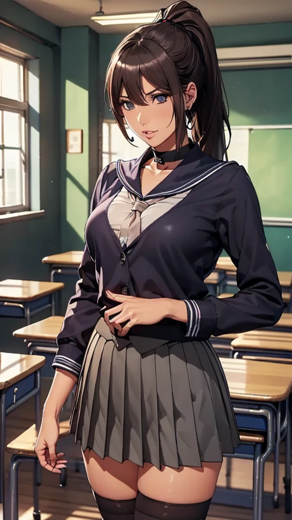 (((highest quality, High resolution, , Pixel Perfect, 4K))),((Correct Anatomy))、((School classroom))、((school uniform))), ((highest quality)), ((Complex and detailed)), ((Black knee-high socks)), ((Mini Pleated Skirt))、An absurd solution, Mature Woman, Mature Woman, perspective, Very detailed,(((school uniformコスプレ)))、Great style、(Long Hair)、glamorous、Sailor suit、mini skirt、black tights、(((The whole body is visible))), One Woman, ((ponytail)), Perfect hands, Detailed fingers, Beautiful details,  Black choker, Earrings, Black Stockings, Perfect Eyes, Seductive eyes