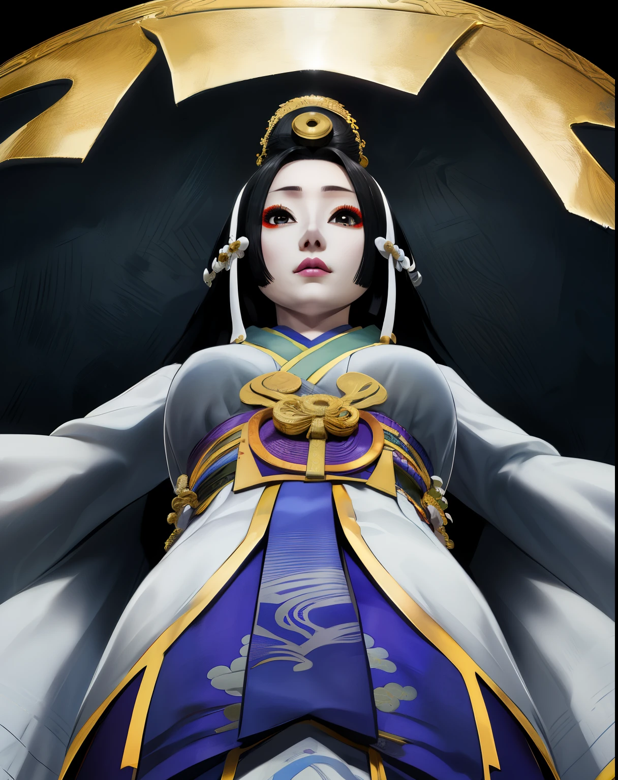 Kaguya,black eyes,black hair,long hair,pale skin,blunt bangs,makeup, forehead, white dress,gold jewelry,tall headpiece, upper body,standing, springs,lake,edo japan,mystical, (insanely detailed, beautiful detailed face, masterpiece, best quality), ((viewed_from_below:1.5))
