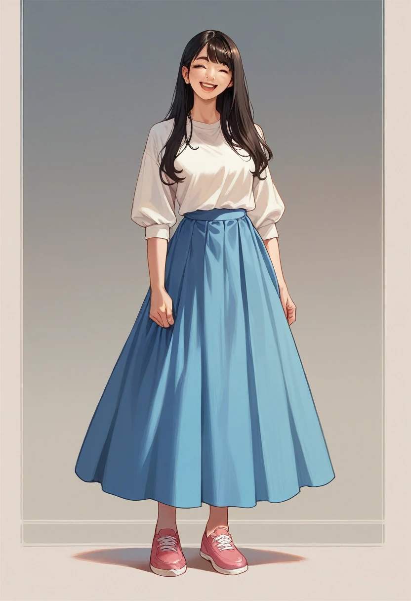 hyper realistic, full body a Vietnamese pretty woman with long black hair and a white top and blue skirt, happy smilel, beautiful asian girl, she wearing blue and white skirt and pink shoes, masterpiece, UHD, 8K 