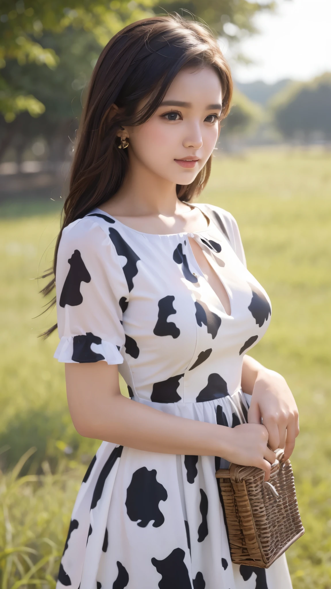 cow patterned dress, Beauty, Surrounded by lots of cows around, closeup
