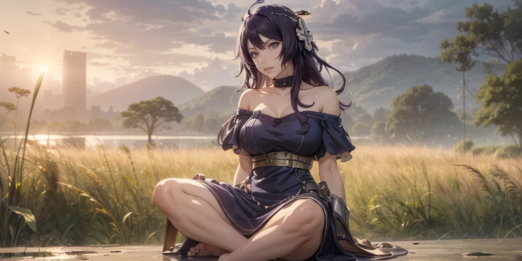 MC, ahoge, (long hari, purple hair:1.3), hair ornament, dark-blue eyes, breasts, epic art, fantasy, 1girl, grass, solo, barefoot, sitting, breasts, mountain, sunset, dress, bare_shoulders, outdoors, looking_at_viewer, off_shoulder, field, sky, lake, collarbone, mountainous_horizon, indian_style, twilight, tree, black_dress, large_breasts, scenery, medium_breasts, feet, off-shoulder_dress, (bokeh:1.3), rock, hollow eyes, bright pupils, dark-blue eyes, looking at viewer. (glowing eyes:1.3), heavy breathing, smirk, upper teeth,