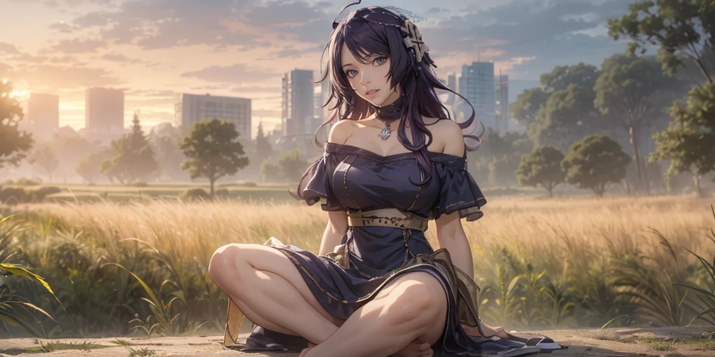 MC, ahoge, (long hari, purple hair:1.3), hair ornament, dark-blue eyes, breasts, epic art, fantasy, 1girl, grass, solo, barefoot, sitting, breasts, mountain, sunset, dress, bare_shoulders, outdoors, looking_at_viewer, off_shoulder, field, sky, lake, collarbone, mountainous_horizon, indian_style, twilight, tree, black_dress, large_breasts, scenery, medium_breasts, feet, off-shoulder_dress, (bokeh:1.3), rock, hollow eyes, bright pupils, dark-blue eyes, looking at viewer. (glowing eyes:1.3), heavy breathing, smirk, upper teeth,