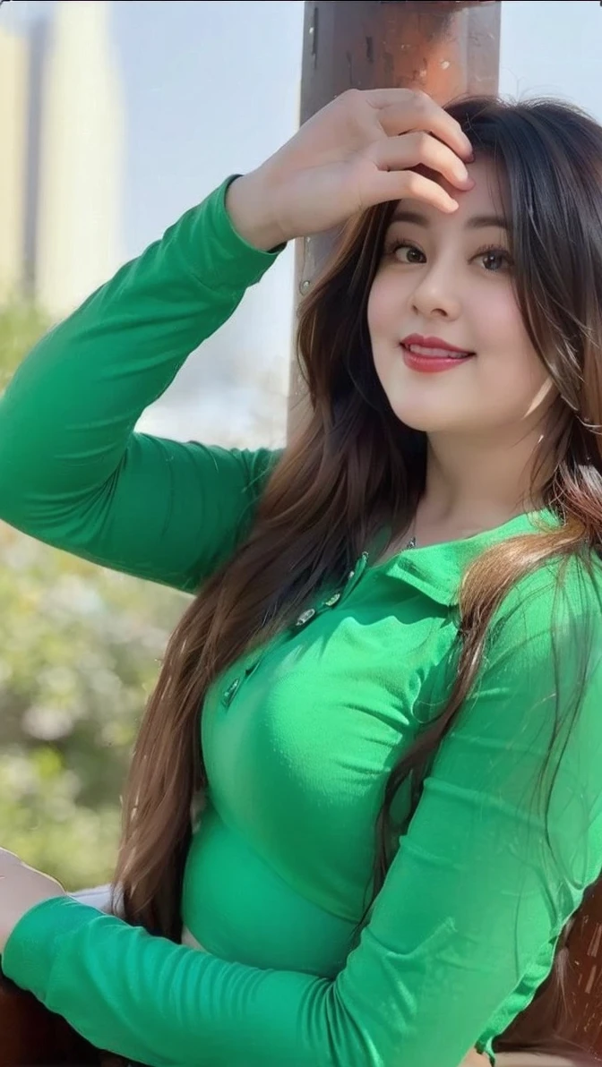 ((top quality、8k、masterpiece:1.3))、sharp focus, High level of image quality, high resolution，Draw lips correctly, red lipstick, from chest up, best quality, Super detailed, lifelike, Super fine skin, perfect anatomy, (Chinese women), (alone)Wear a floral green shirt，Buttons clearly visible，The buttons are all buttoned，white pants，。40 year old female，adult，charming smile，Chubby face，Round cheeks， ，Fat face，Chubby round face，big eyes，wavy long hair，Big breasts，Chubby body，，Leg length，stand，stand up，beach background
