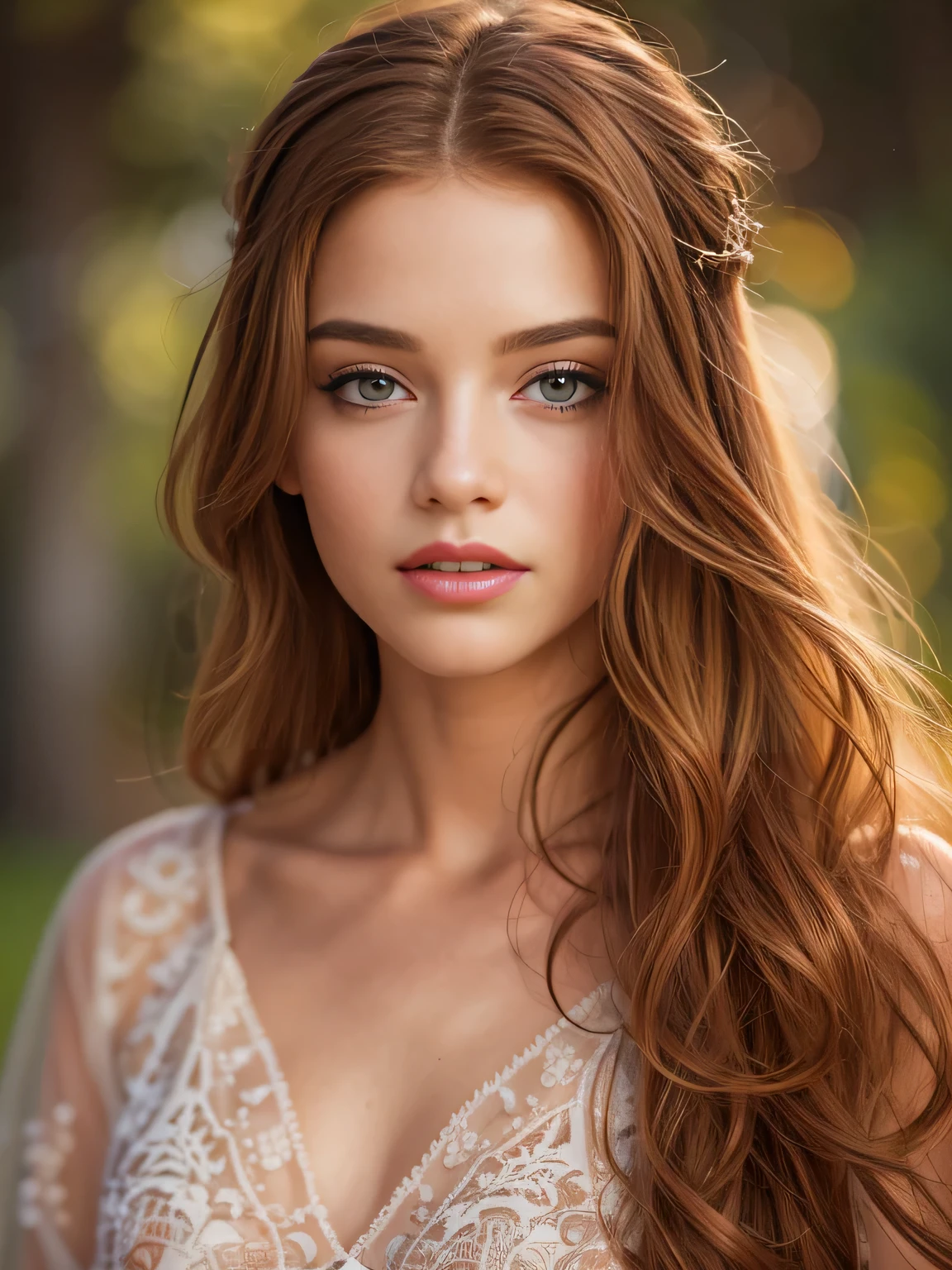 photorealistic, lip gloss, painting, realistic, best quality, ultra high resolution, depth, pastel color, natural shading, focus on face, face only, looking at viewer, long hair, hair accessory, auburn hair, brown and well detailed eyes, Dress