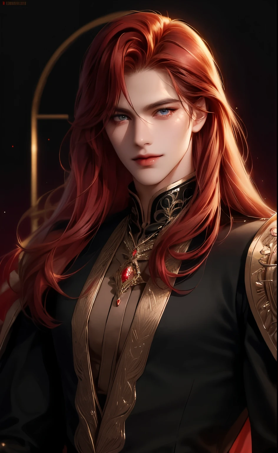 {(Best quality, 8k, Masterpiece, Human development report, Soft lighting, Perfect image, Digital illustration, manhwa art, Very detailed picture, Perfect lines, real)} 1 very handsome man, Long red hair reaching shoulder length , dark red eyes, Luxury clothing (Force the position, He smiles), {(Black background with gold glitter, Unclear)}