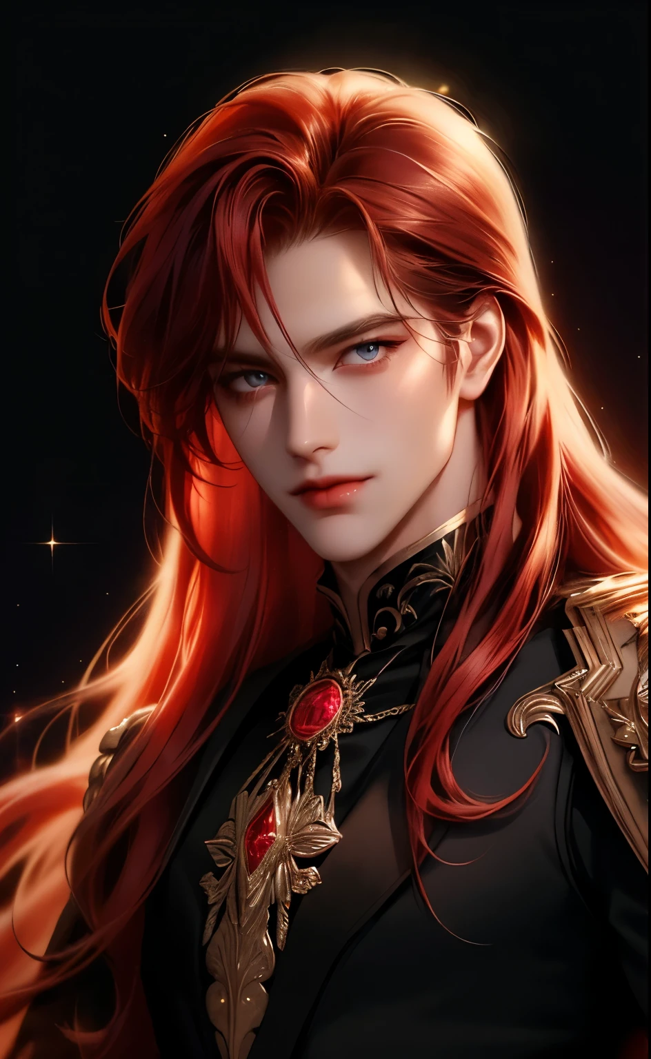 {(Best quality, 8k, Masterpiece, Human development report, Soft lighting, Perfect image, Digital illustration, manhwa art, Very detailed picture, Perfect lines, real)} 1 very handsome man, Long red hair reaching shoulder length , dark red eyes, Luxury clothing (Force the position, He smiles), {(Black background with gold glitter, Unclear)}
