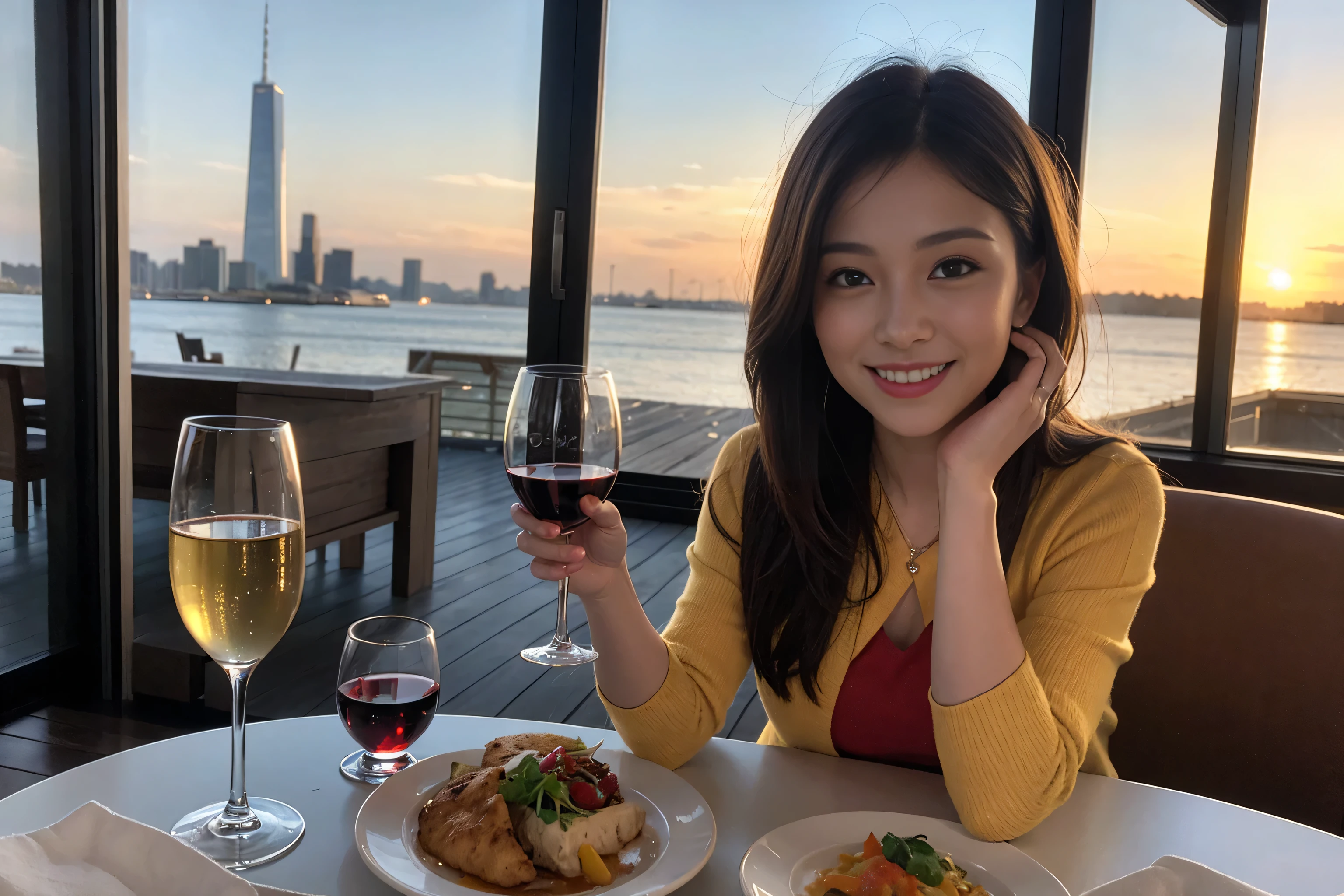 ((highest quality、8k、masterpiece:1.3))、1 male 1 female、spouse、Lovers、Beautiful couple、The body is slim、Wine glass on the table、Facial lighting、 Amazing view of the sunset sky and clouds、full-course dinner、A bright smile、The wonderfulness of smile、Bright image、Beautiful Face, short hair,Bright Face、 (Age 37), 39 years old, red wine 、Appetizers、Italian food、Wine bottle、Champagne、sparkling wine、Two beauties、Brown Hair、Shortcuts、Long sleeve shirt、dress、Pretty Woman 1, (Slim face), (The body is slim), (Brown Hair), (Shortcuts), cheeks turn a little red,Attractive beauty、restaurant, In a prominent place (From the waist up) Nova Frog Style, actress, model, Upper Body, White wine, slim, wine glass, A wine glass placed in the center, smile, (smile: 1.15), Beautiful fine grain, Depth f/2,saturation, High Contrast, Strong light and shadow,Moist Body:1.5、3D texture、Delicate eyes、Brown Hair、The hair is very shiny、