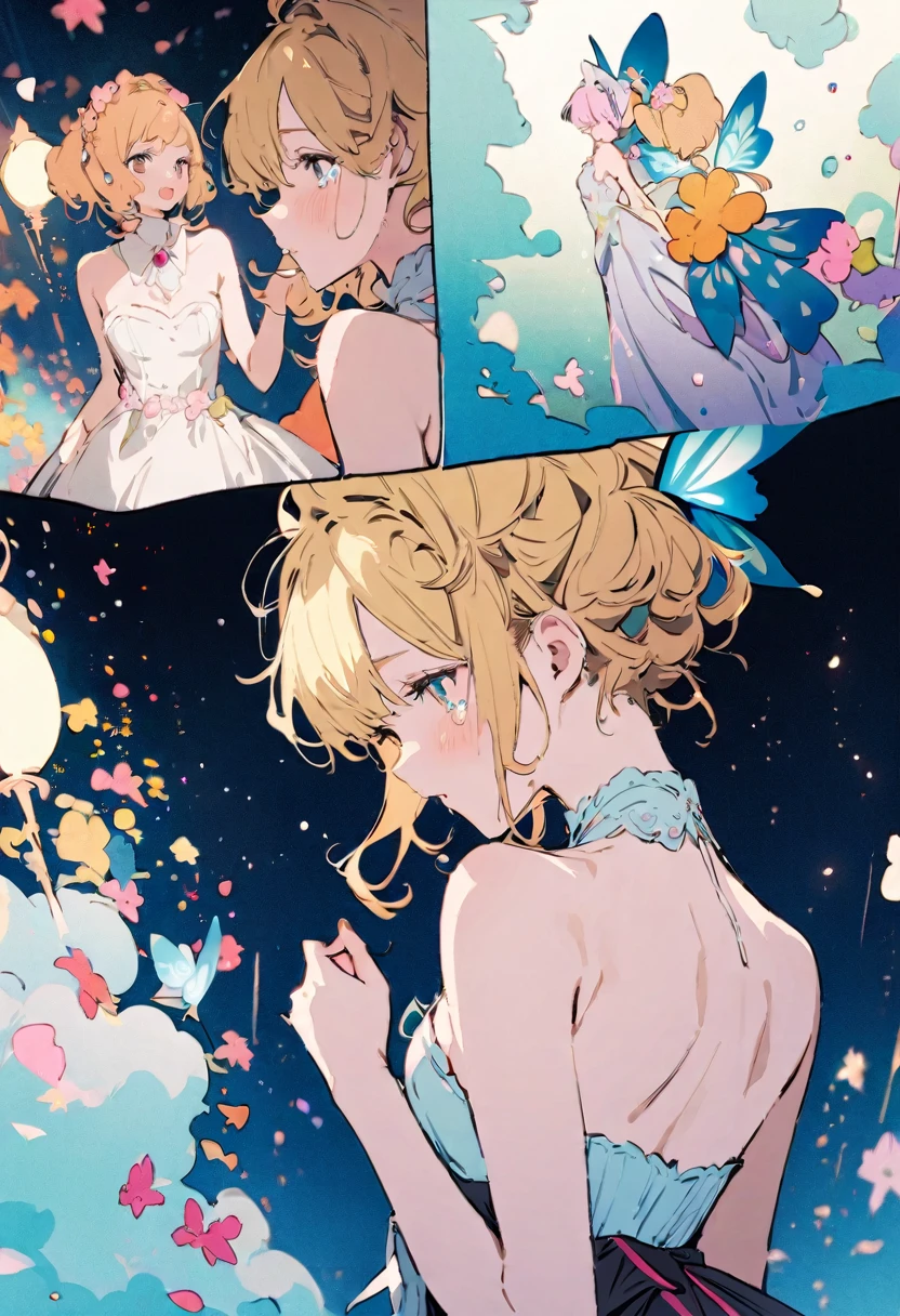 ((Back view:1.1)),masterpiece, highest quality, Illustration of the novel, High resolution, 18+ Adult content, Sensual, Intimate, Emotional, Passionate, romantic, sweet, Adorable, Innocent, Pure, Charmな, Charmな, Charm, Mysterious, Charmな, Charmな, Immersive, Charmな, dream-like, Surreal, Imaginative, Whimsical, artistic, Avant-garde, timeless, elegant, Sophisticated, chic, Sophisticated, personality, original, Charmな,(( Fairy:1.3)),((Beautiful Tears))、Upper Body