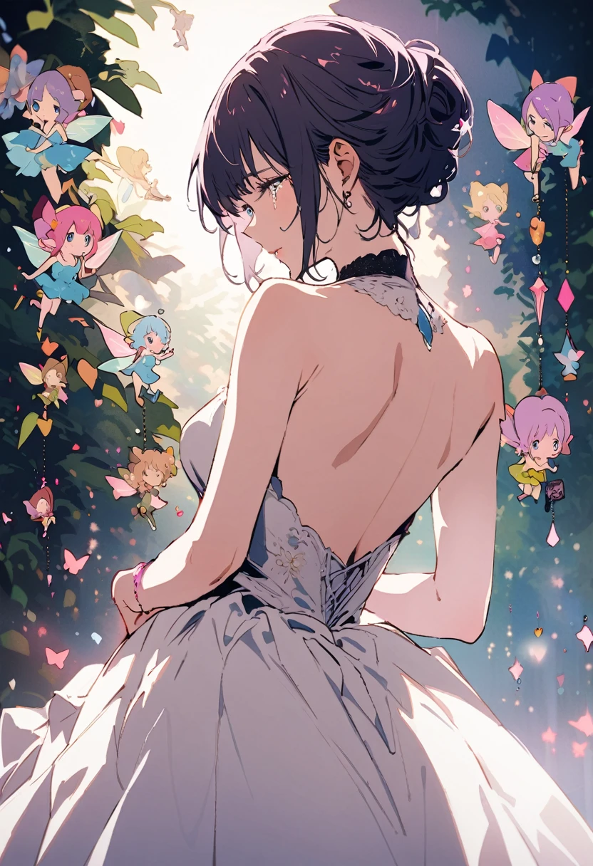 ((Back view:1.1)),masterpiece, highest quality, Illustration of the novel, High resolution, 18+ Adult content, Sensual, Intimate, Emotional, Passionate, romantic, sweet, Adorable, Innocent, Pure, Charmな, Charmな, Charm, Mysterious, Charmな, Charmな, Immersive, Charmな, dream-like, Surreal, Imaginative, Whimsical, artistic, Avant-garde, timeless, elegant, Sophisticated, chic, Sophisticated, personality, original, Charmな,(( Fairy:1.3)),((Beautiful Tears))、Upper Body