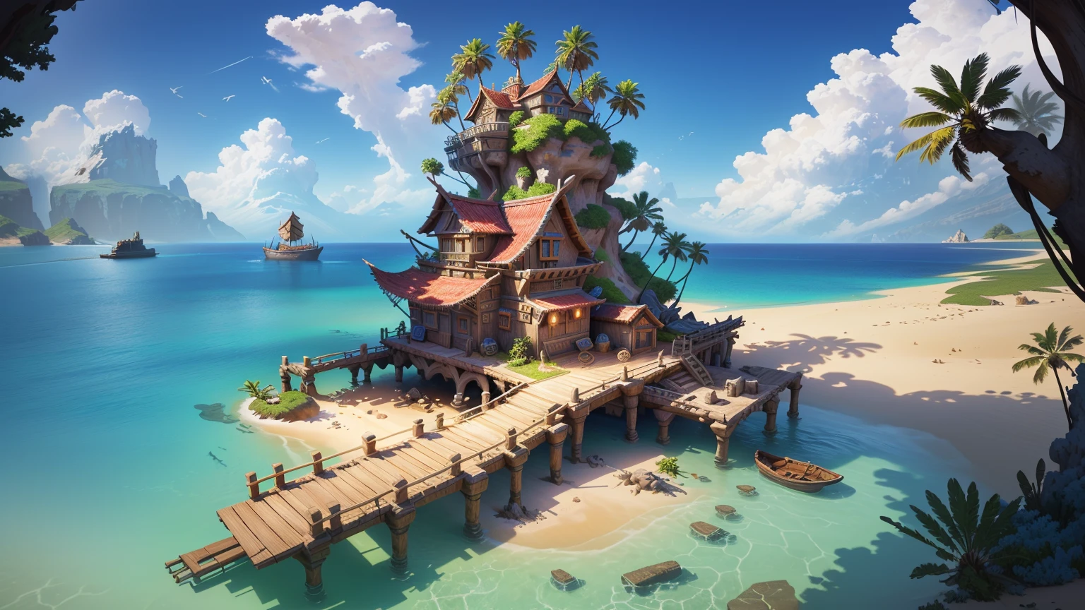 Alafid Island with a wooden bridge and a small house, 3D rendering style, stylized concept art, Depicted as game concept art, Concept art is very detailed, Roland Zilvinsky 3D Rendering Art, Stylized 3d rendering, Created by senior environment artists, environment design illustration, Concept art style, Detailed digital concept art, Concept Art Illustration