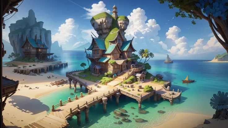 alafid island with a wooden bridge and a small house, 3d rendering style, stylized concept art, depicted as game concept art, co...