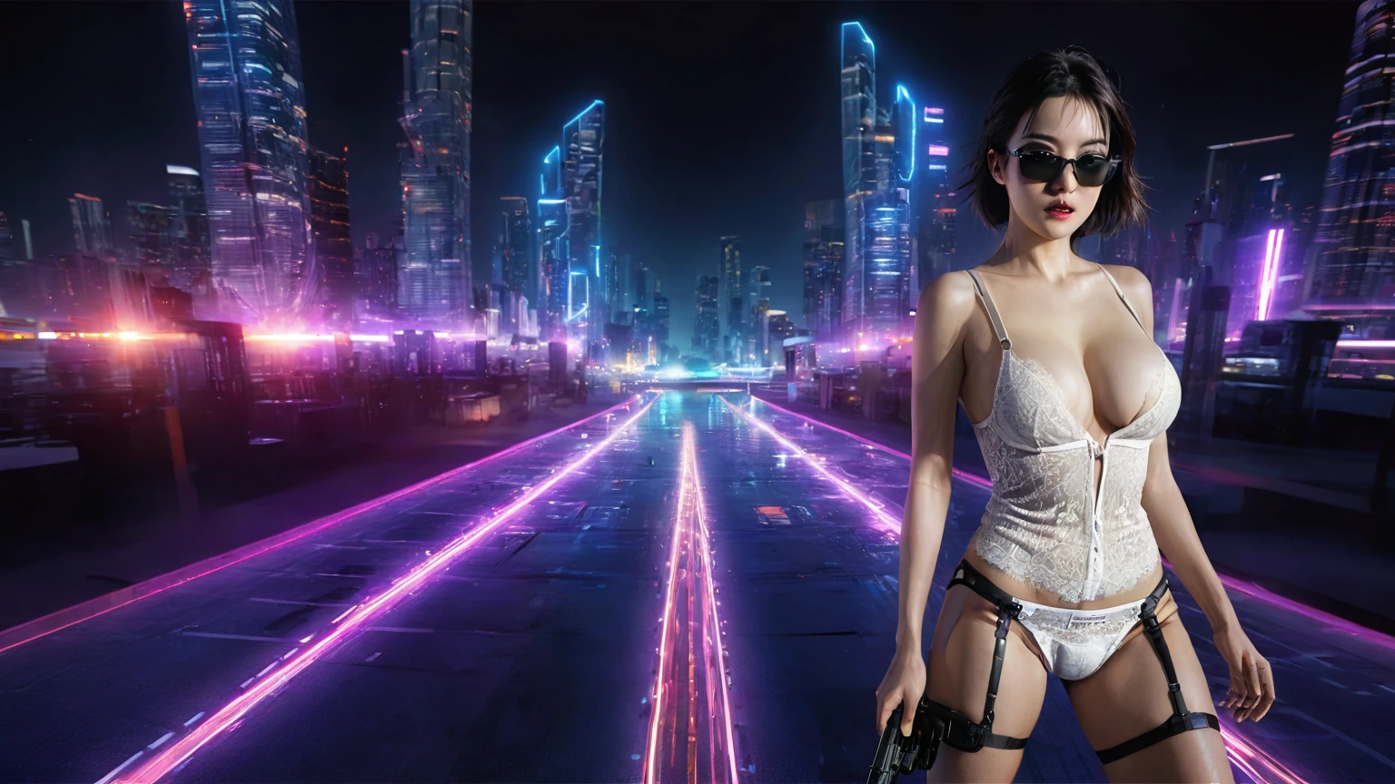 UE 5, computer render, Rendered by Octane, (8K, tmasterpiece), (realistically, Photo degree:1) luminescent concept art, (((((aerial view))))) of Cyberpunk city scene, ((Surreal circuit architecture)), (((((supercars street racing, 1 drone))))). Matrix style, (((((Matrix cascading code))))), (((((a futuristic twin tower skyscraper with a unique twisted design))))), (((((OLED GUI interfaces in the building))))), at night, (((((1girl, solo))))), photo realistic, (((large-breast:1.2 slim body, cleavage))), (((off torn mini sling-shirt and black lace sling bra, extreamly short pleated lace miniskirt exposing panty))), (((((running pose))))), (((((((matrix style black micro sunglasses))))))), ((((((((((aiming with a short gun)))))))))), (((((looking at camera))))), (((very low view))), (((((half-body thigh level medium shot))))), (((cinematic lighting))).