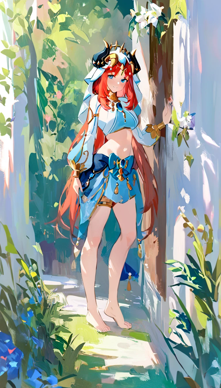 standing, full body, caring smile, calming warmth, solo, mature, friendly, looking at viewer, wide hips, bare legs, barefoot, cute feet, toes, soft skin, vibrant light, colorful shadow, painterly, brush strokes, focus point, impressionist, subsurface scattering, lush garden greenery, grass, flowers, art model, tasteful, elegant, (masterpiece), best quality, expressive eyes, perfect face, nilou, red hair, blue eyes, long hair, white sleeves, puffy long sleeves, neck ring, jewelry, horns, gold trim, white headwear, crop top, blue skirt, thighlets, oil painting