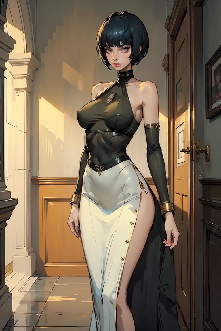 Goddess ((goddess-like woman)), slim elegant silhouette, masterpiece, (close angle), best quality, pale skin, fair skin, sweet face, (masterpiece:1,2, best quality), (real picture, intricate details), (1 lady , solo, medium tits, slim waistline, ), ((Persona5TaeTakemi)), a woman with short hair, black hair, brown eyes, she has an impressive presence., short hair, bracelet, hoop earrings, jewelry, beautiful face, beautiful eyes, she looks at the viewer, She is wearing a stunningly beautiful golden evening dress and high heels with straps. sweet irresistible smile, elegant pose, elegant hands, beautiful hands, perfect fingers, background: She is standing in a large, elegant entrance hall. Everything in the room looks very expensive.