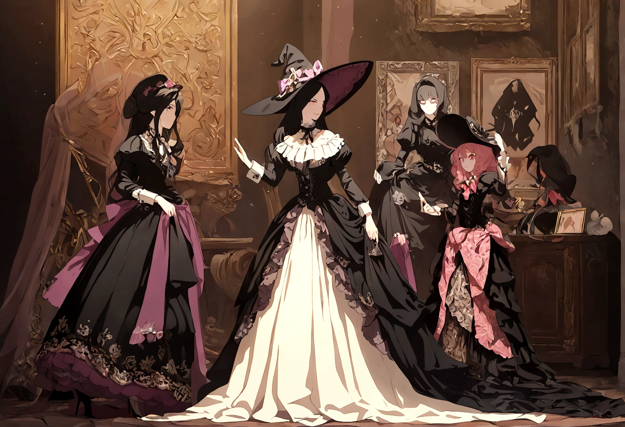 best quality,ultra-detailed,pink-eyed,long-haired girl looks happy,beautiful detailed eyes,beautiful detailed lips,long eyelashes,best quality portrait painting,detailed,physically-based rendering,ultra-fine painting,fine details,painting,a age boy has joined a witch coven and gets magically transformed into a cute teenwitch girl,gender bending,witches are helping dressing up the new girl, who’s happily getting dressed in a stunning black victorian dress, physically-based rendering,gorgeous dress design,flowing gown,elaborate lace details,rich textures,contrast stitching,delicate ribbon bows,floral accents,full skirt,high neckline,long sleeves,fitted waistline,flared cuffs,lace-up back,luxurious fabrics,flawless silhouette,high heels, pink-eyed girl,effeminate face,pointy hat,long black hair,witches assisting in dressing up the new girl,promptly helps the new girl getting dressed in a stunning black Victorian dress, in a old abandoned castle with worned out furniture and occultist witch symbol, high resolution, 4K, 8K