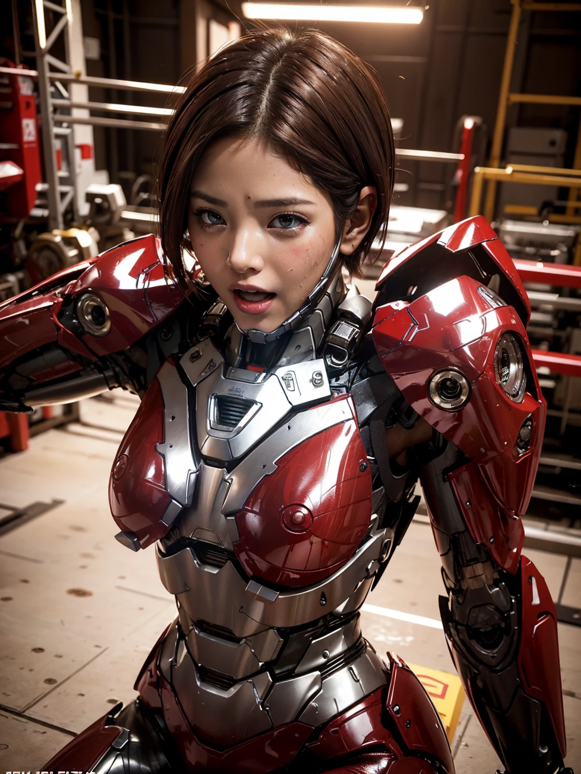 masterpiece、live-action、Over-the-knee portrait、((red and gold plug suit)), ((beautiful girl:1.2))、mechanized body、Mechanized chest and abdomen、mechanized occiput、Light brown semi-long hair, almost black、long eyes、Mechanized leg rack metallic suit that perfectly fits the body、Have an assault rifle、(decadent background)、artificial body、abdominal mechanism、((robot arm and hand))、((robot legs))、((machine neck))、Inside the spaceship、beautiful girl、19 years old、asian beauty, Actuator and cable are exposed in the abdomen、cyborg、150mm、beautiful studio soft light、rim light、vivid details、gorgeous cyberpunk、surreal、anatomical、facial muscles、cable wire、elegant、beautiful background、octane rendering、HR giger style、8K、highest quality、very delicate and beautiful、 Highly detailed CG、(real、photorealistic:1.37)、amazing details、Highly Detaild CG Unity 8k wallpaper、Full body Esbian、