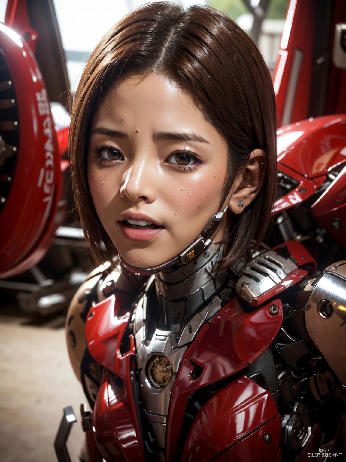 Textured skin, Super detailed, Attention to detail, high quality, 最high quality, High resolution, 1080p, hard disk, beautiful,(War Machine),beautifulサイボーグ女性,Shining red mecha cyborg girl,Very short hair、Sweaty brown eyes、Sexy Eyes、Laughter Embarrassed expression Open your mouth Watery eyes Middle-aged women Aunt (Full Body Shot)Looks spicy (Limits of patience) look up Direct sunlight