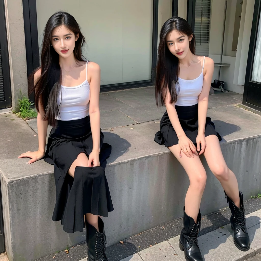 (Skirt full thigh), (knee-length outfit), (hair curled on both sides), (center shoes shot), ((full-body standing image)), (cover knee), (white t shirt), (Scottish pleated skirt), (bare shoulders), (bare arms), twinsies、The ultra-detailliert, (white t shirt), (cotton spaghetti-strap top), (cotton spaghetti-strap top), (cotton spaghetti-strap top), (cotton spaghetti-strap top), (long skirt), (A hem full flared skirt), (Hem full flared dress), (a girl pretty girl with perfect figure), (a photo of the night sky), (32K,1 20-year-old girl, The light from the rear room is backlit, Ray traching), (a pair of black leather boots, highly detailed boots), (full body), (hair black), (two-parted hair), (very thick hair), (Slender chest), (short upper chest), (skin wollen upper breasts), (pectoral muscles are large), (upper breasts are firm and round), (stand upright), (two shoe ends), (two shoe toes) ,(put on blush), (apply powder), (makeup), (standing), (asian girl princess), (Black non-reflective fabric for making skirt), (dark skirt), (thick thighs), (large calves), (large knees), (one-piece skirt), (seamless skirt), (long shins) , (big shins), (A hem full flared skirt), (Hem full flared dress), (A hem full flared skirt), (thighs meets knee), (black skirt), (black skirt), (black skirt), (black skirt), (knee gap), (knee gap), (black shoes), (knee gap), (black shoes), (Expose cleavage), (Scottish pleated midi skirt) (Super fine face and eyes), (Highly detailed face and skin texture, Detailed eyes, Double eyelid), (stading shot), (stading shot), , (Scottish pleated midi skirt), (Scottish pleated midi skirt), (knee-length outfit), (knee-length outfit), (knee-length outfit), (knee-length outfit), (Skirt full thigh), (Skirt full thigh), (small boots), (small boots), (small boots), (small boots), (small boots), (small boots), (small boots), (small boots), (small boots), (small boots), (small boots), (small boots), (small boots), (small boots),