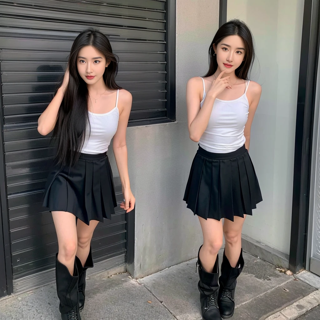 (Skirt full thigh), (knee-length outfit), (hair curled on both sides), (center shoes shot), ((full-body standing image)), (cover knee), (white t shirt), (Scottish pleated skirt), (bare shoulders), (bare arms), twinsies、The ultra-detailliert, (white t shirt), (cotton spaghetti-strap top), (cotton spaghetti-strap top), (cotton spaghetti-strap top), (cotton spaghetti-strap top), (long skirt), (A hem full flared skirt), (Hem full flared dress), (a girl pretty girl with perfect figure), (a photo of the night sky), (32K,1 20-year-old girl, The light from the rear room is backlit, Ray traching), (a pair of black leather boots, highly detailed boots), (full body), (hair black), (two-parted hair), (very thick hair), (Slender chest), (short upper chest), (skin wollen upper breasts), (pectoral muscles are large), (upper breasts are firm and round), (stand upright), (two shoe ends), (two shoe toes) ,(put on blush), (apply powder), (makeup), (standing), (asian girl princess), (Black non-reflective fabric for making skirt), (dark skirt), (thick thighs), (large calves), (large knees), (one-piece skirt), (seamless skirt), (long shins) , (big shins), (A hem full flared skirt), (Hem full flared dress), (A hem full flared skirt), (thighs meets knee), (black skirt), (black skirt), (black skirt), (black skirt), (knee gap), (knee gap), (black shoes), (knee gap), (black shoes), (Expose cleavage), (Scottish pleated midi skirt) (Super fine face and eyes), (Highly detailed face and skin texture, Detailed eyes, Double eyelid), (stading shot), (stading shot), , (Scottish pleated midi skirt), (Scottish pleated midi skirt), (knee-length outfit), (knee-length outfit), (knee-length outfit), (knee-length outfit), (Skirt full thigh), (Skirt full thigh), (small boots), (small boots), (small boots), (small boots), (small boots), (small boots), (small boots), (small boots), (small boots), (small boots), (small boots), (small boots), (small boots), (small boots),
