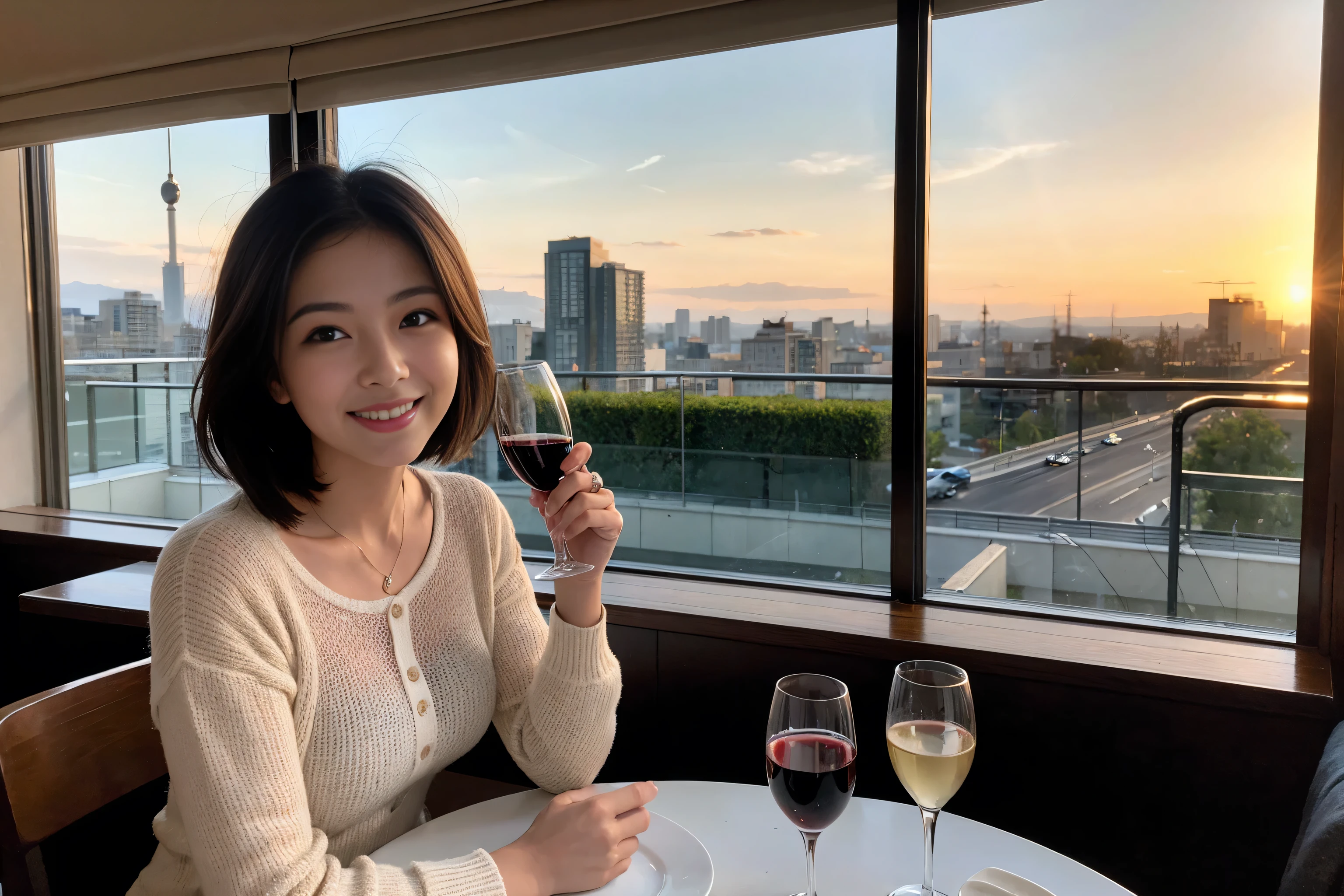 ((highest quality、8k、masterpiece:1.3))、1 male、1 female、spouse、I really like it、Beautiful couple、The body is slim、Wine glass on the table、Facial lighting、full-course dinner、 Amazing view of the sunset sky and clouds、A bright smile、The wonderfulness of smile、Bright image、Beautiful Face, short hair,Bright Face、 (43 years old), 39 years old, red wine 、Appetizers、Italian food、Wine bottle、Champagne、sparkling wine、Two beauties、Brown Hair、Shortcuts、Long sleeve shirt、dress、Pretty Woman 1, (Slim face), (The body is slim), (Brown Hair), (Shortcuts), cheeks turn a little red,Attractive beauty、restaurant, In a prominent place (From the waist up) Nova Frog Style, actress, model, Upper Body, White wine, slim, wine glass, A wine glass placed in the center, smile, (smile: 1.15), Beautiful fine grain, Depth f/2,saturation, High Contrast, Strong light and shadow,Moist Body:1.5、3D texture、Delicate eyes、Brown Hair、The hair is very shiny、