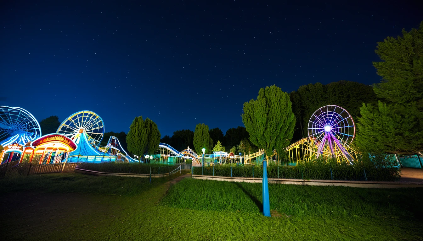 parc d'attractions illuminé abandonné la nuit