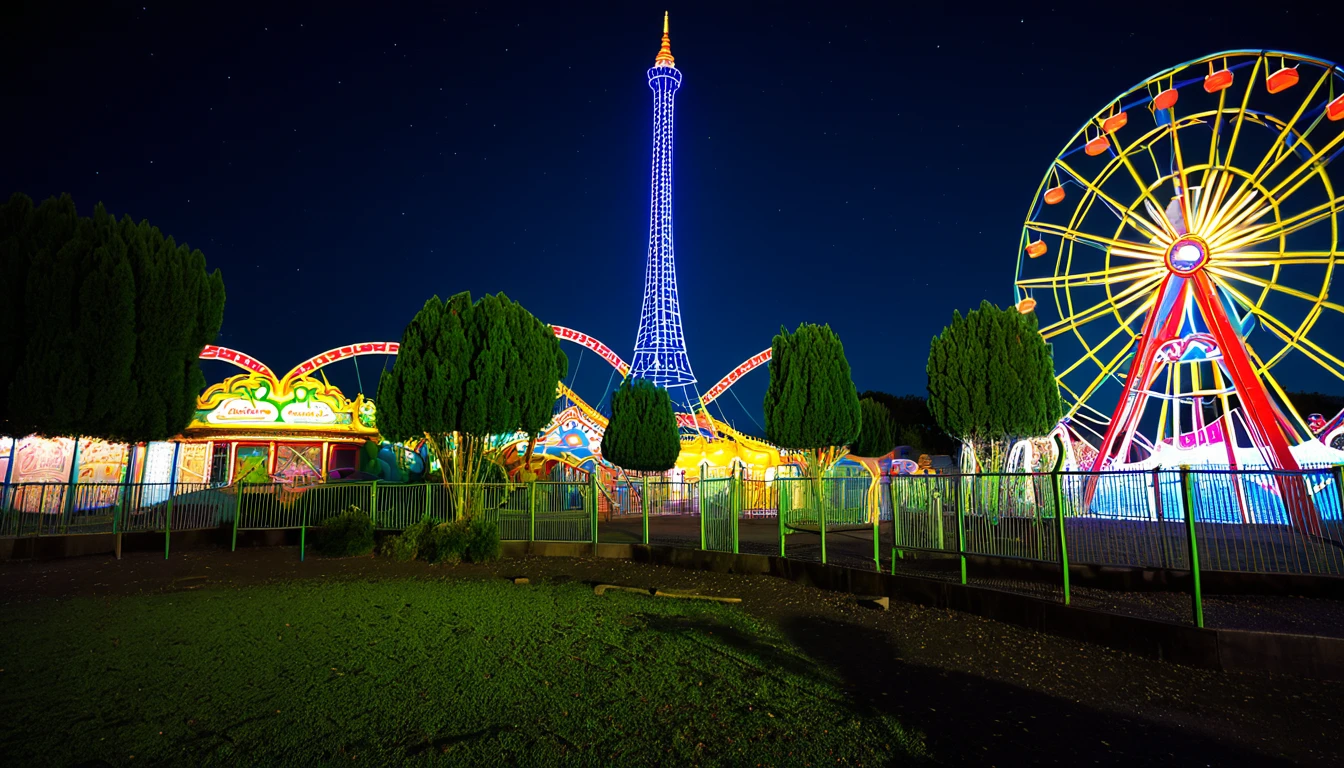 parc d'attractions illuminé abandonné la nuit