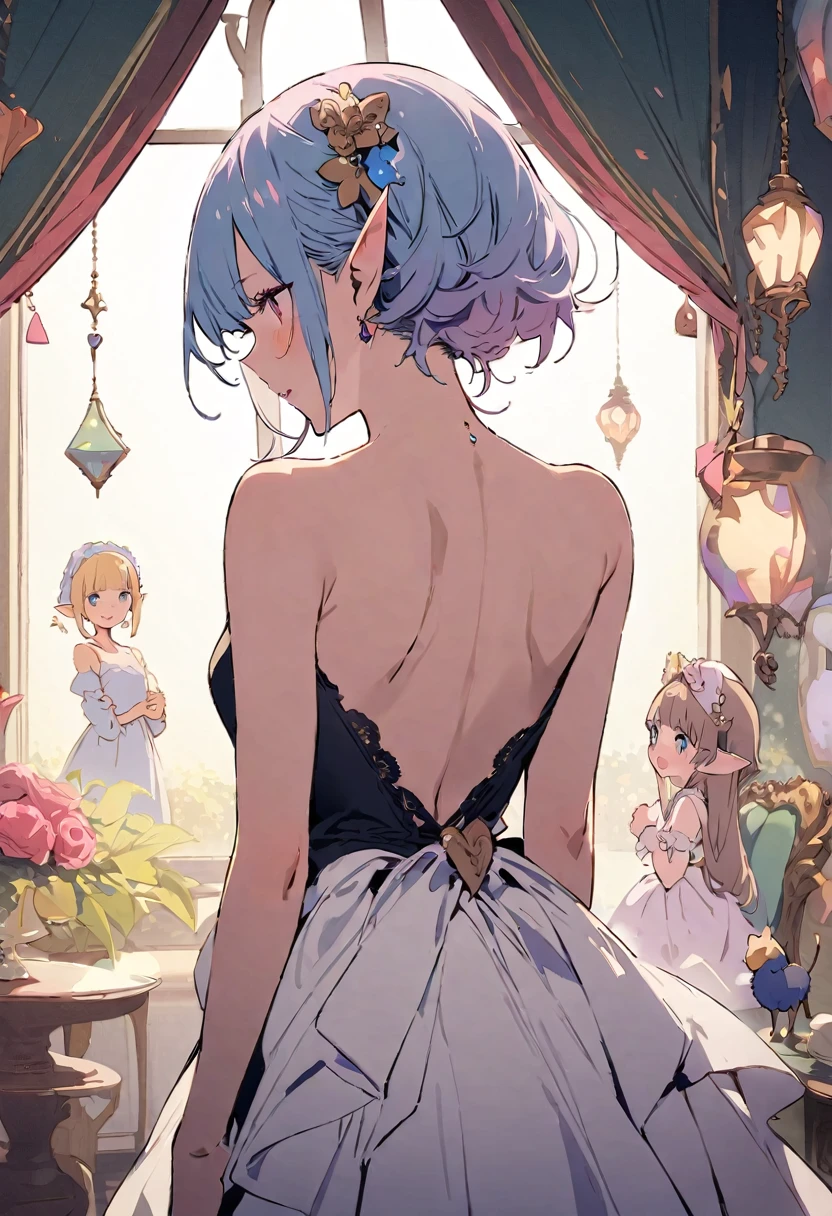 masterpiece, highest quality, Illustration of the novel, High resolution, 18+ Adult content, Sensual, Intimate, Emotional, Passionate, romantic, sweet, Adorable, Innocent, Pure, charmな, charmな, charm, Mysterious, charmな, charmな, Immersive, charmな, dream-like, Surreal, Imaginative, Whimsical, artistic, Avant-garde, timeless, elegant, Sophisticated, chic, Sophisticated, Personality, original, charmな,(( Elf:1.3)),((Back view:1.3))、Upper Body、(a bit)