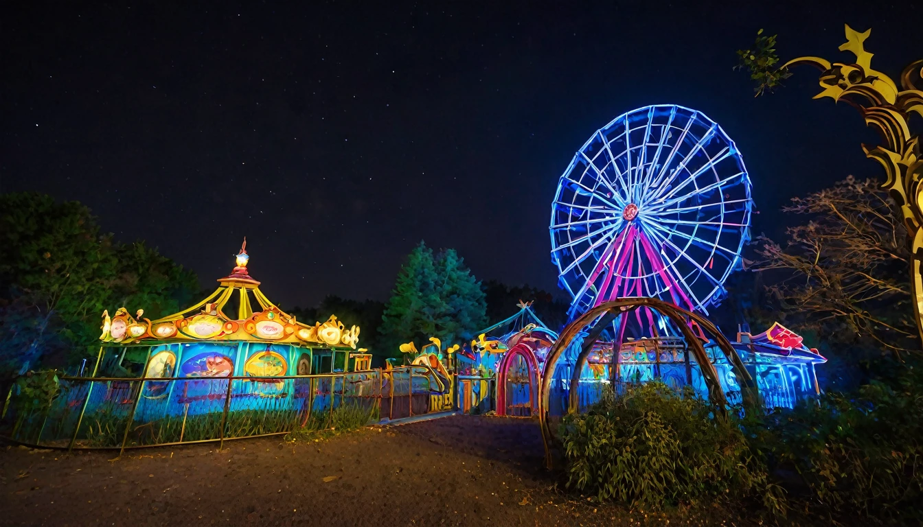 parc d'attractions illuminé abandonné la nuit