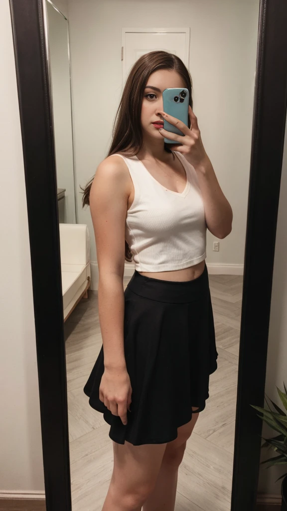 RAW photo, photo of 25 year old woman, (long brunette hair), short skirt, cotton v neck shirt, standing indoors, mirror selfie, pale white skin, freckles, blemishes, lipstick, ((short height, broad shoulders, wide hips)), pawg, thicc