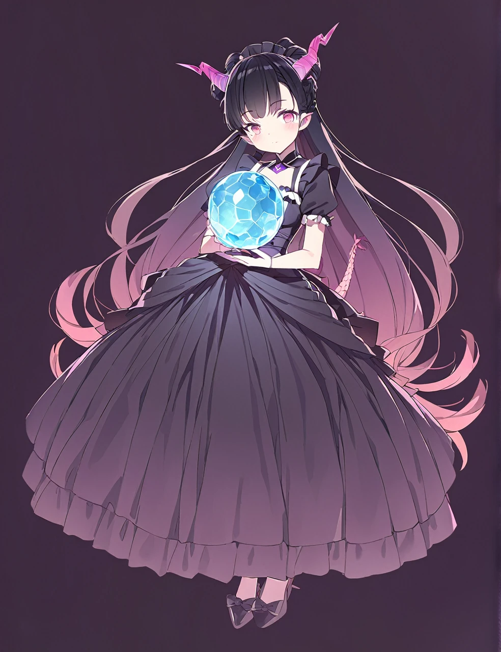 A woman in a black maid outfit black hair very long hair、Updo Have a big crystal ball Princess hairstyle Full body black Adult woman with dragon horns and tail