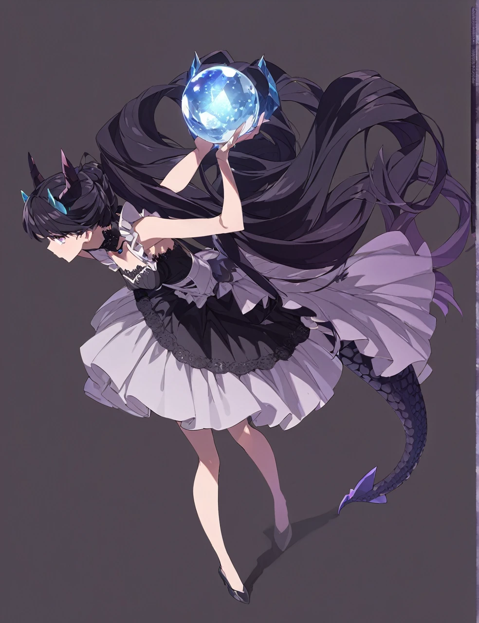 A woman in a black maid outfit black hair very long hair、Updo Have a big crystal ball Princess hairstyle Full body black Adult woman with dragon horns and tail