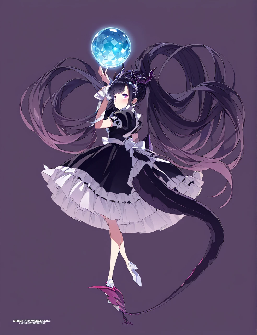 Girl, flat chest, white dress with frills, short black hair, forehead exposed, black gooey tentacles, white flowerfield, blood moon