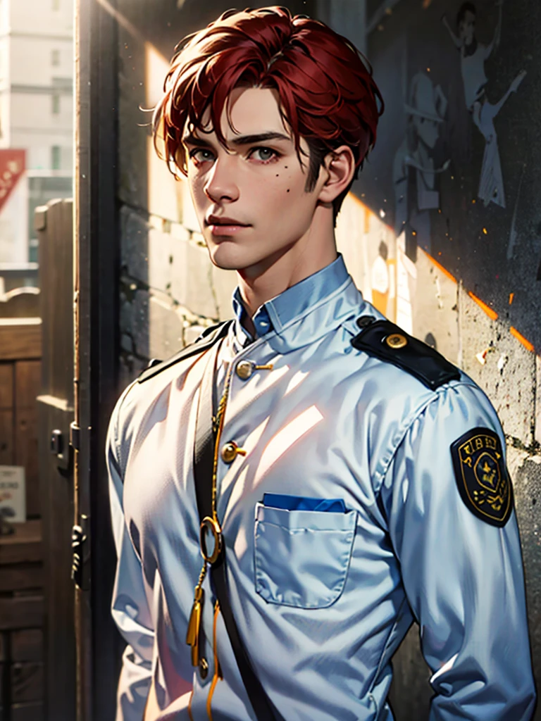 a 35 year old man ((red short hair)), grey eyes, moles all over the body, wearing an official uniform, portrayal of masculinity, teacher, medic, (best quality,4k,8k,highres,masterpiece:1.2),ultra-detailed,(realistic,photorealistic,photo-realistic:1.37),cinematic lighting,highly detailed face and body,sharp focus,vivid colors, anime style