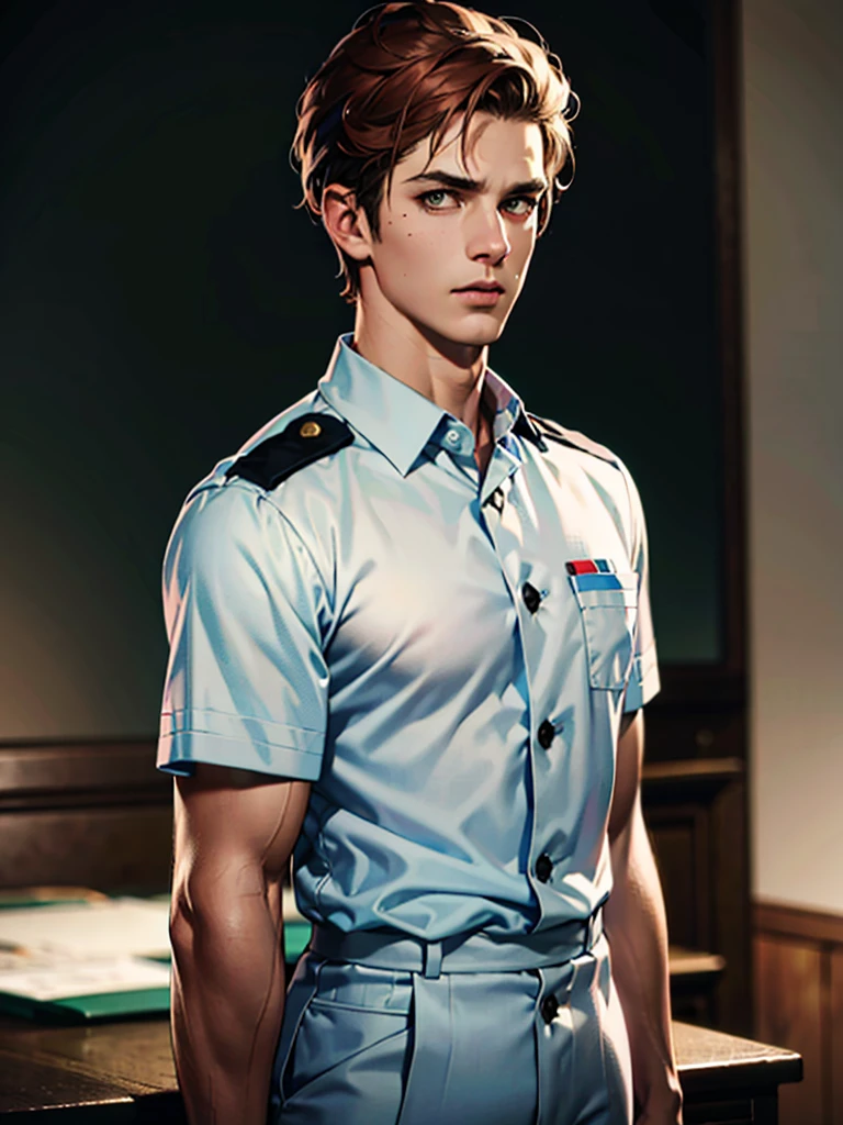 a 35 year old man ((red short hair)), grey eyes, moles all over the body, wearing an official uniform, portrayal of masculinity, teacher, medic, (best quality,4k,8k,highres,masterpiece:1.2),ultra-detailed,(realistic,photorealistic,photo-realistic:1.37),cinematic lighting,highly detailed face and body,sharp focus,vivid colors, anime style