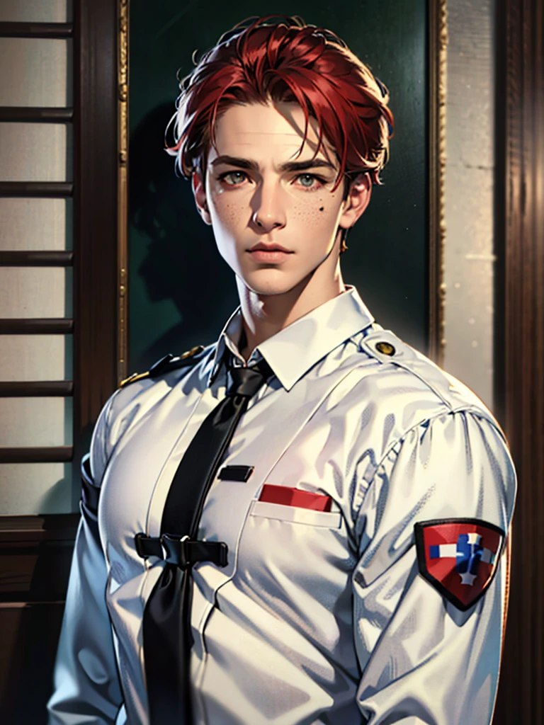 a 35 year old man ((red short hair)), grey eyes, moles all over the body, wearing an official uniform, portrayal of masculinity, teacher, medic, (best quality,4k,8k,highres,masterpiece:1.2),ultra-detailed,(realistic,photorealistic,photo-realistic:1.37),cinematic lighting,highly detailed face and body,sharp focus,vivid colors, anime style