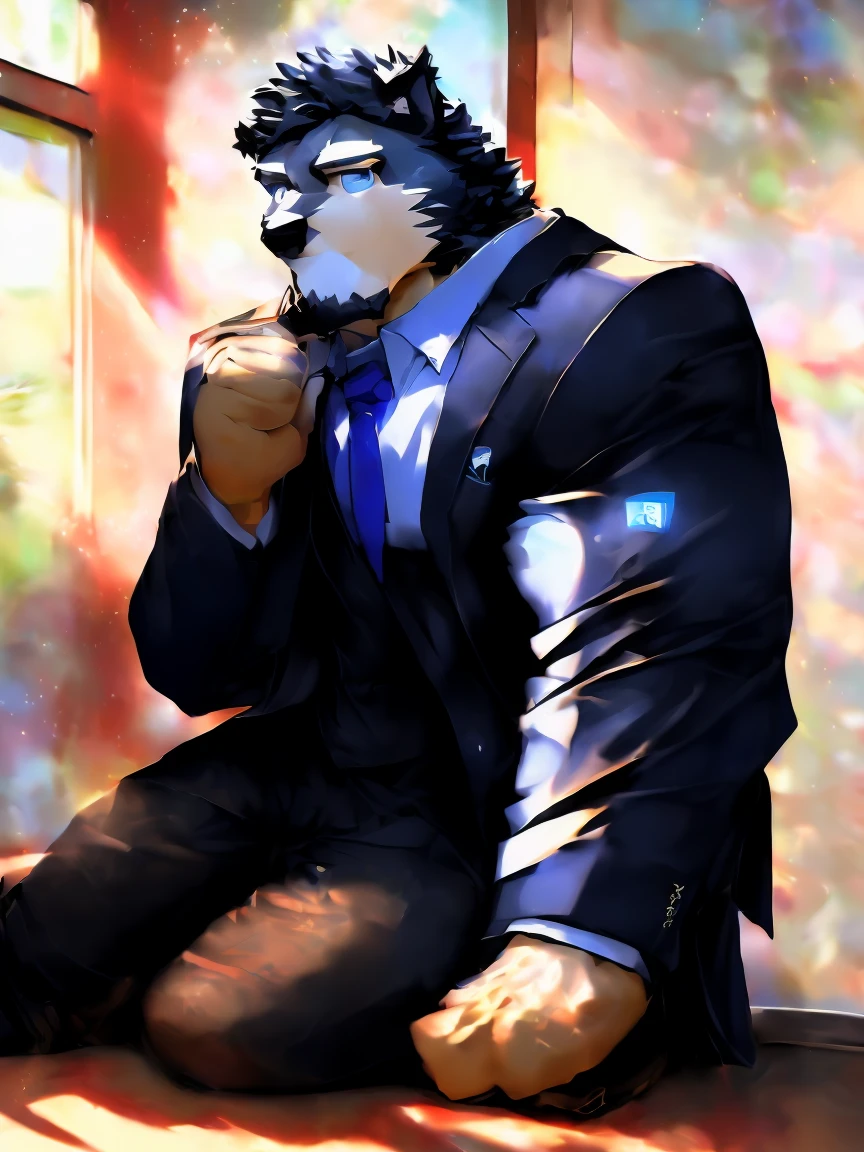 masterpiece, best quality, 8k resolution, Very detailed, hairy，Husky，(Black cat hair)，(((Blue fur)))，(((Blue eyes)))，Strong，Domineering face，(((Superman suit)))，(((sock))，(((For the audience)))，Highest quality scene，(((Solitary)))，solitary，Upright，full-body shot，Doubtful，((In the office))，((Sunlight))，((Shiny fur))，((Face-to-face))，(((Eyes on me))
