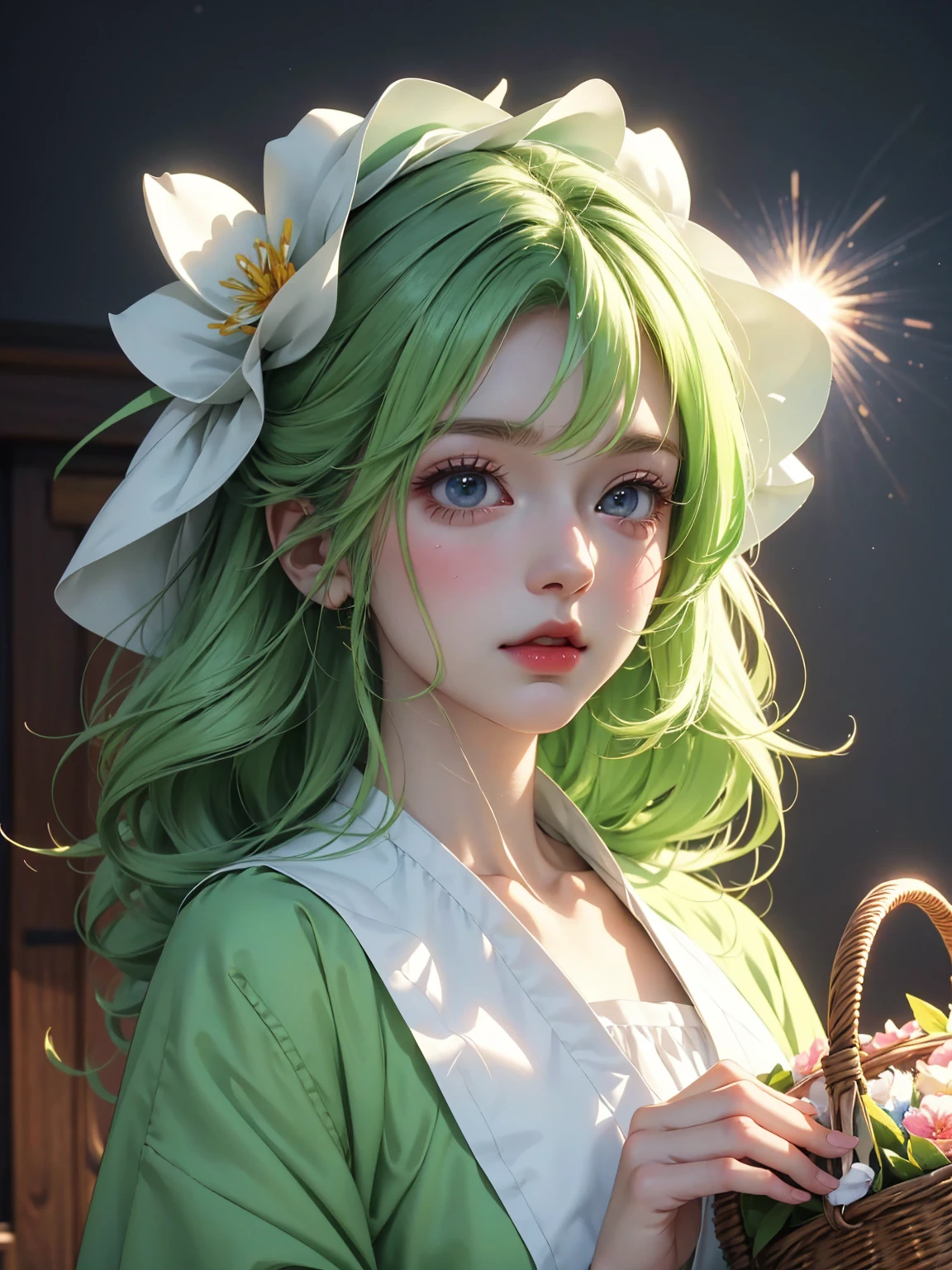 There was a girl with a basket of flowers on her head,Gorgeous and fashionable light green clothes， Realistic anime 3D style, Realistic animation girl render, 3D animation realistic, Anime styled 3d,  Rendering a cute 3D anime girl, Realistic animation, surreal anime, Anime realism style, Anime style. 16K