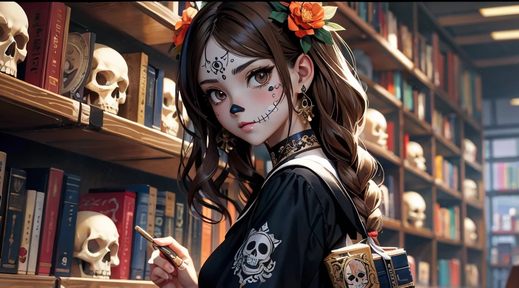 (A girl with mexican de los muertos style skull face painting on her face), (((textile & face natural shading))), (((Best Quality))), (((masterpiece))), (((cartoon style with natural dramatic shade))) 1 girl visual, manga environtment art, full body head to toe stylish cool gesture, long brown wavy hair. The image depicts a 3d cartoon anime-pixar style character of a female skull hold a book wearing japanese high school sailor uniform, dark blue uniform blazer, red tie, with red tartan mini skirt & long black stocking & white sneakers, siting on the chair, located at conventional library full of book shelf. wide lens, wide view, ultra high definition, 8K, full body expose on wide canvas