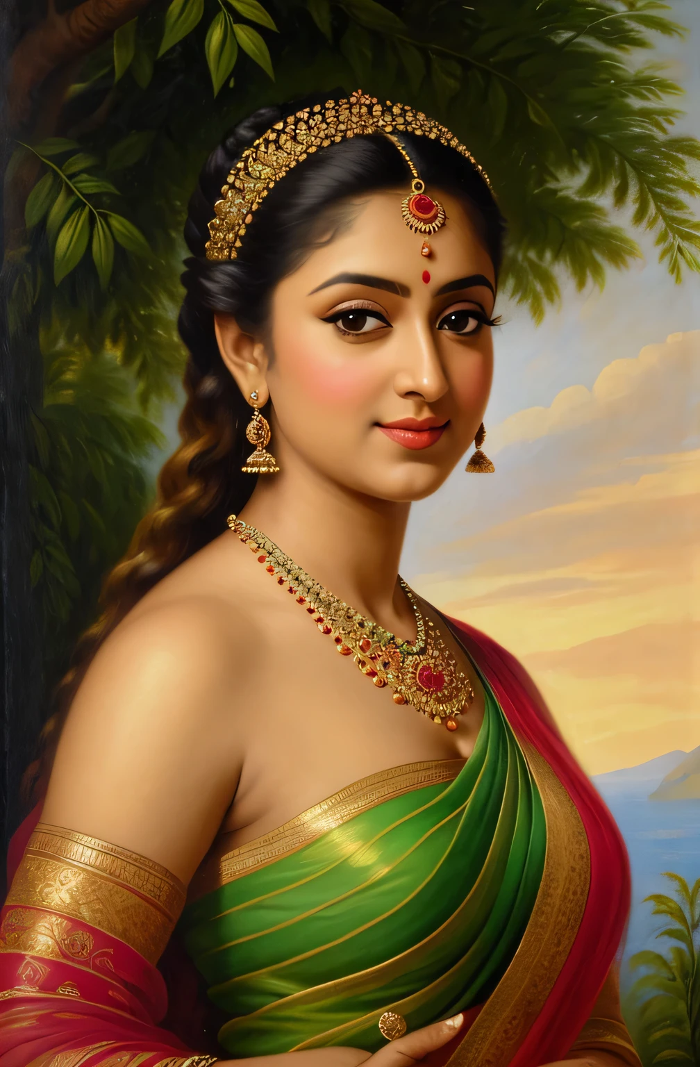 Looks like Nayanthara, exotic Indian art, oviyar maruthi style painting, Masterpiece, Beautiful Thick Woman, Best quality, high clarity eyes, critically flawless,sharp picture, Full portrait, High pixels, perfect face, perfect eyes, beautiful face, perfect hands,perfect fingers, in Peter Paul Rubens style, by Peter Paul Rubens, baroque style, acrylic on canvas, highly detailed, description: "Create a nymph inspired by the tales of Greek or Roman mythology, embodying the essence of a natural element or location, and possessing a unique ability or trait that sets her apart."white dress, extremely white skin, innocent apsara