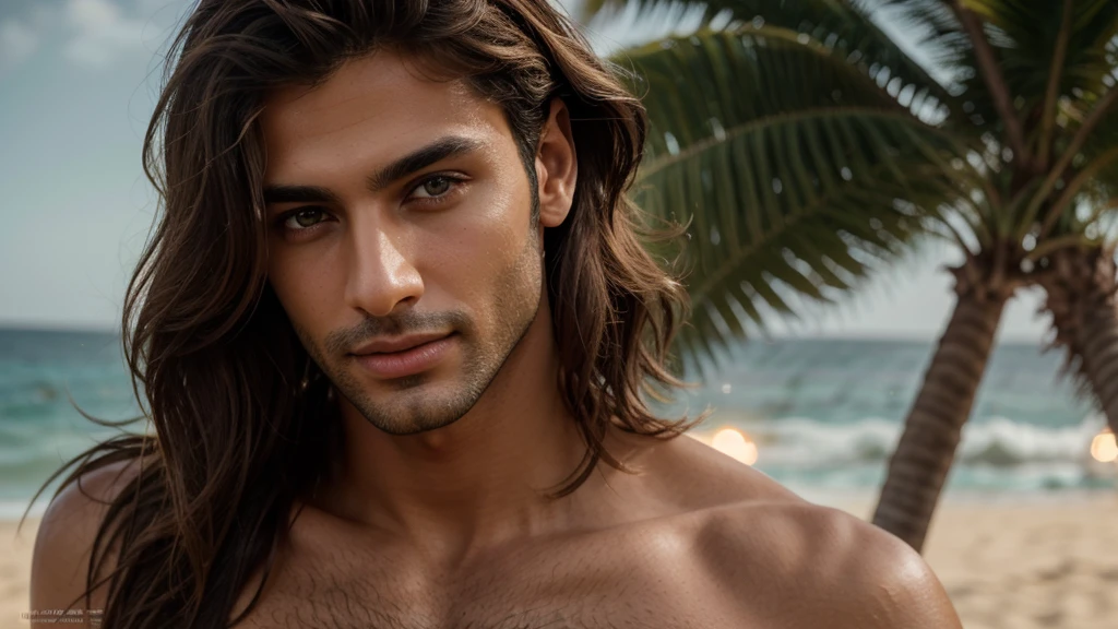 Soft cinematic lighting illuminates a stunningly detailed and ultra-realistic beautiful Middle Eastern supermodel., beach look, ultra short tousled light brown hair, clear green eyes, charming perfect smile, sensual, hot man, incredibly beautiful, this is trending on ArtStation. Octane is the perfect tool to capture the fine details of this 16K photography masterpiece..